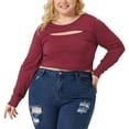 thumbnail image 2 of Unique Bargains Women Plus?Size Long Sleeve Round Neck Cut Out Front Fitted T-Shirts 1X Burgundy, 2 of 6