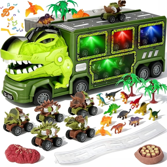 JUGAAD LIFE Dinosaur Truck Toys for Boys 3 6 Years Old, T-Rex Transport Car Carrier Truck with Light, Music and Sounds, Birthday Gifts for Kids Girls 5 7