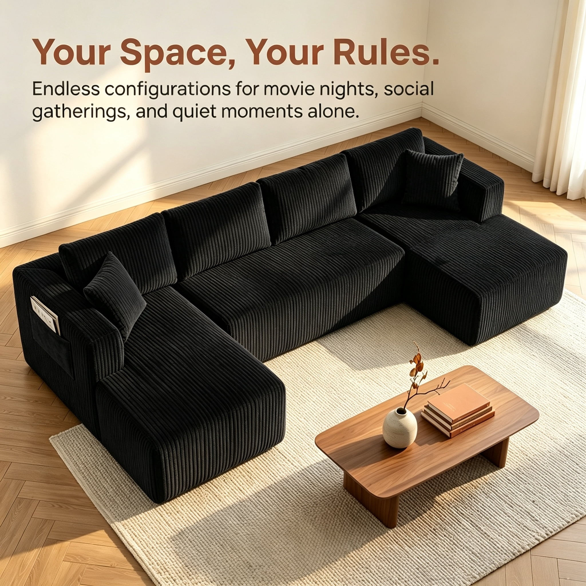 ShiKeyi 132.5" Modern U-Shaped Modular Sectional Sofa with Double Chaise, Corduroy Fabric Cloud Couch Set with Storage Pockets for Living Room, No Assembly Required, Black