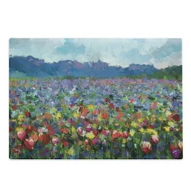 Art Cutting Board, Rural Landscape with Bunch of Tulip Flower Spring Meadow Refreshing Botany Blurry Image, Decorative Tempered Glass Cutting and Serving Board, Large Size, Multicolor, by Ambesonne