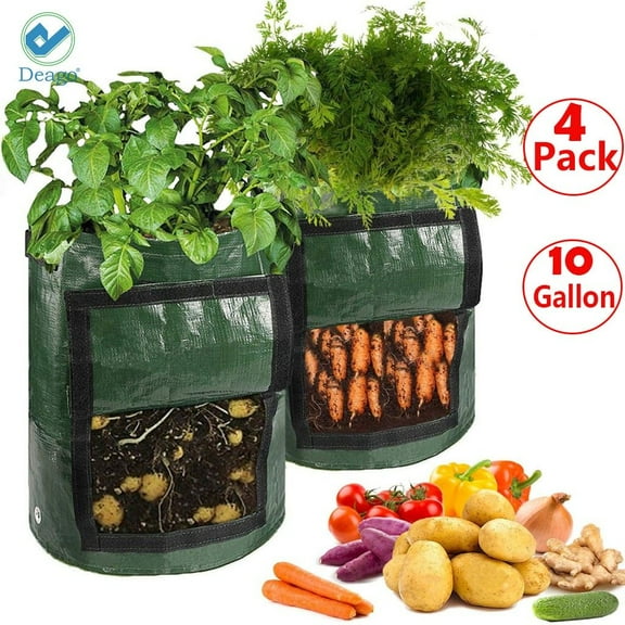 Deago 4 Pack 10 Gallon Garden Potato Grow Bags DIY Planter Bags PE Cloth Planting Container Bag with Handles Access Flap for Carrot Onion Vegetables