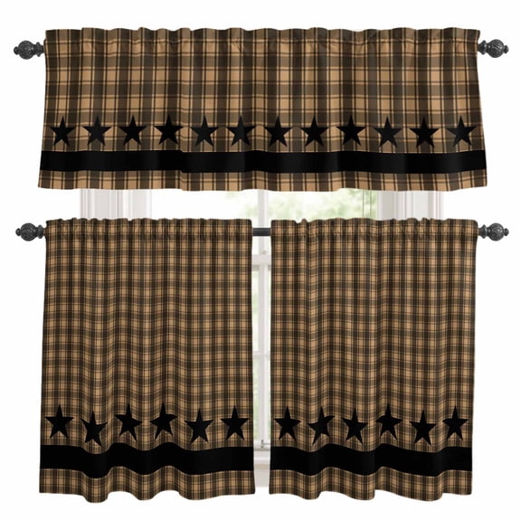 Brown Black Plaid Kitchen Curtains Sets for Windows 36 Inch Length, Vintage Rustic Star Buffalo Check Rod Pocket Window Treatments Tier Curtains and Valances Set for Bedroom/Bathroom