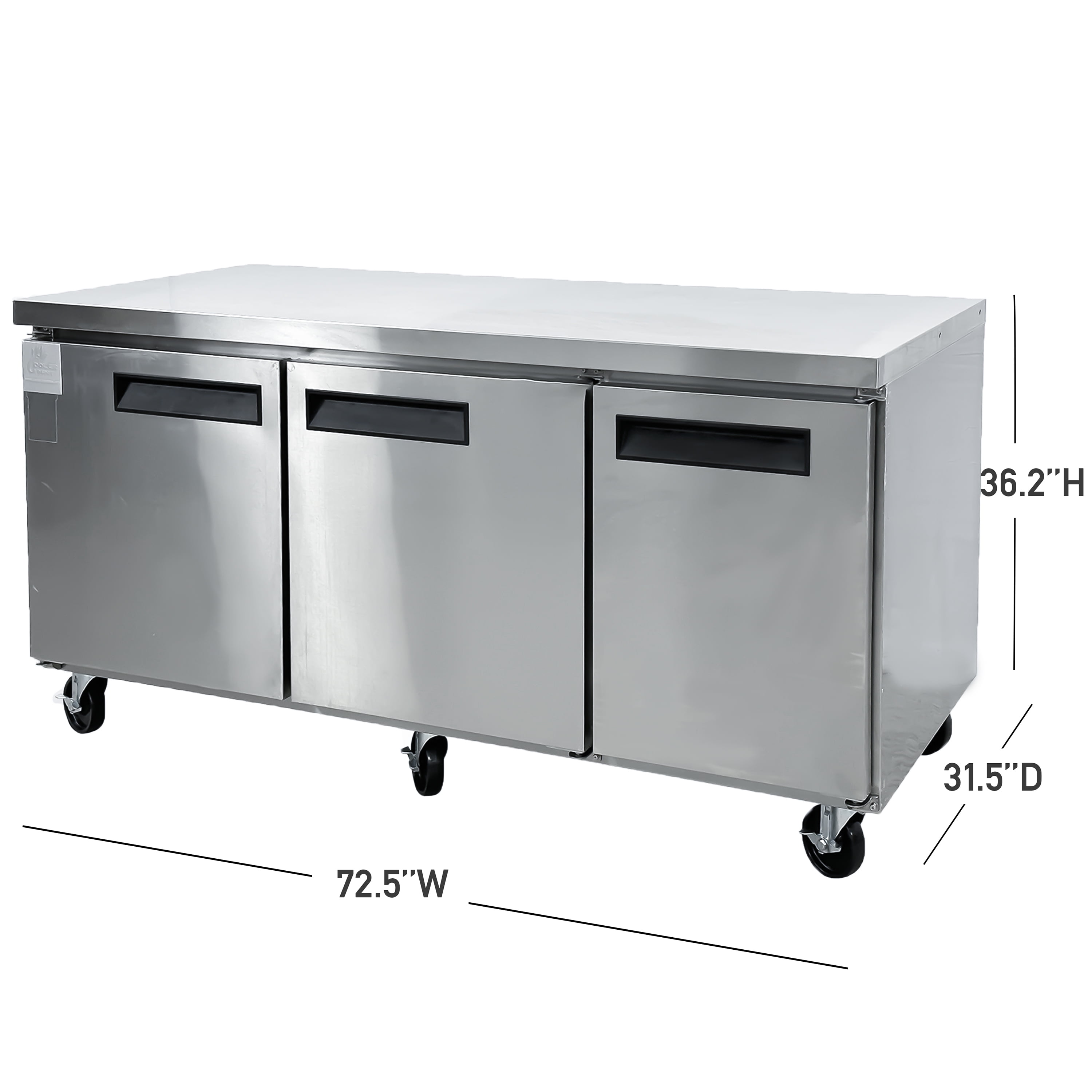 72" Commercial Undercounter Freezer – 3 Door, 19 Cu. Ft., Stainless Steel Prep Table for Restaurant & Bar Use