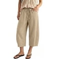 thumbnail image 3 of Capri Linen Barrel Pants for Women Drawstring Wide Leg Cropped 2026 Casual Summer Boho Baggy Palazzo Trousers, S, 3 of 8