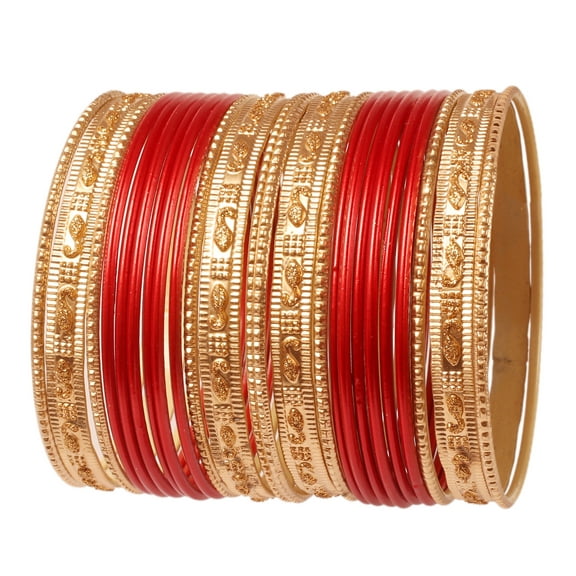 Sunsoul by Touchstone Indian Bollywood "Colorful 2 Dozen Bangle Collection" Golden Glitters Textured Red Color Large Size Designer Jewelry Special Bangle Bracelets Set Of 24 In Gold Tone For Women.