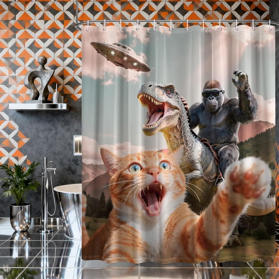 Fun Cat Shower Curtain Cool Dinosaur Monkeyg Animal Novelty Men Shower Curtains for Funny Farm Animals Bathroom Decor Sets, Waterproof Cloth Fabric with Hooks, 36 x 72 Inch