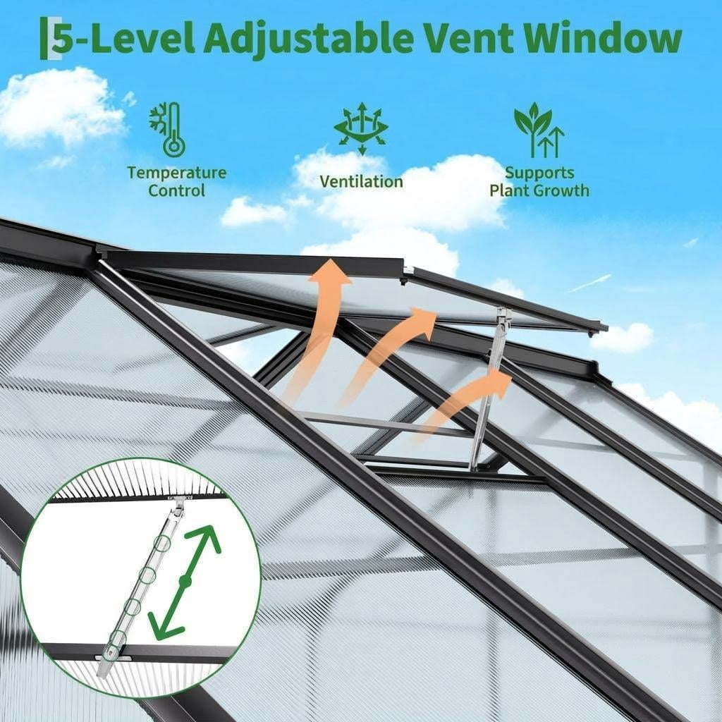 6x6ft Heavy Duty Walk-in Greenhouse, Aluminum Frame & Twin Wall Polycarbonate Panels, Ventilated with Rain Gutter System for Backyard & Patio Gardening