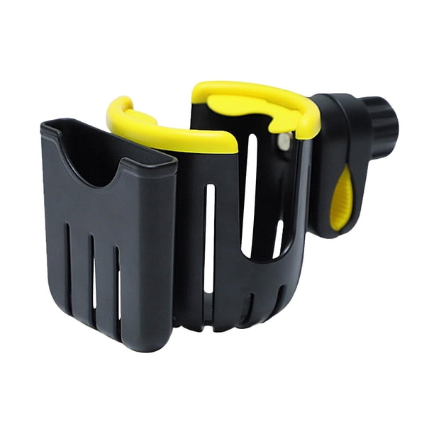 Portavasos para cochecito con soporte para teléfono, portavasos para bicicleta, portavasos universal 2 en 1 para teléfono, portavasos para cochecito, andador, negro y amarillo