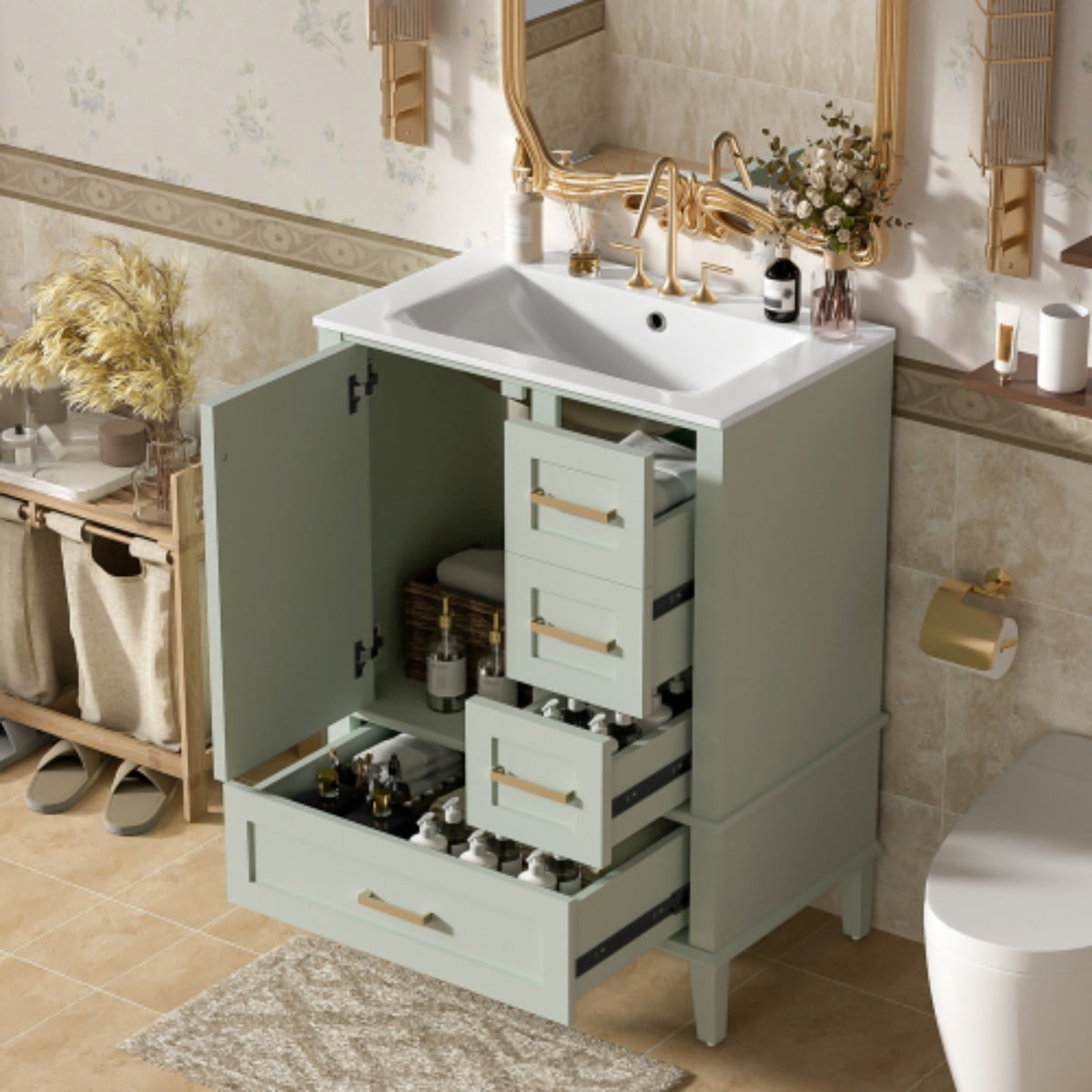 24.8" Bathroom Vanity with Ceramic Sink, Freestanding Bathroom Vanity Cabinet, Soft Close Door, 3 Drawers, Green