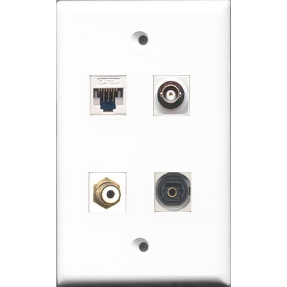 RiteAV - 1 Port RCA White and 1 Port Toslink and 1 Port BNC and 1 Port Cat5e Ethernet White Wall Plate
