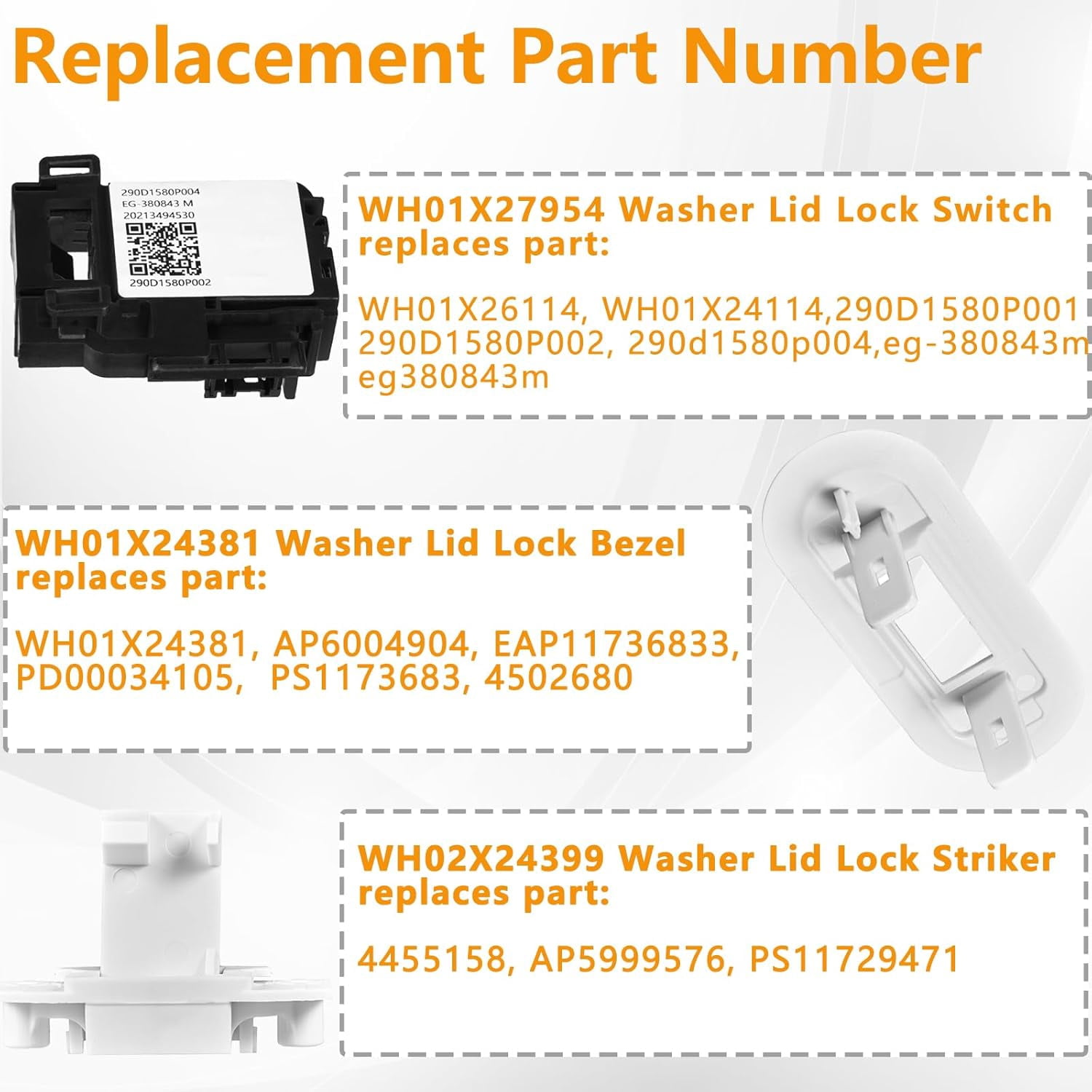 WH01X27954 Washer Lid Lock Switch WH01X24381 Washer Lid Lock Bezel WH02X24399 Washer Lid Lock Striker Compatible with GE Hotpoint Top Load Washer Replacement (3 PACKS)