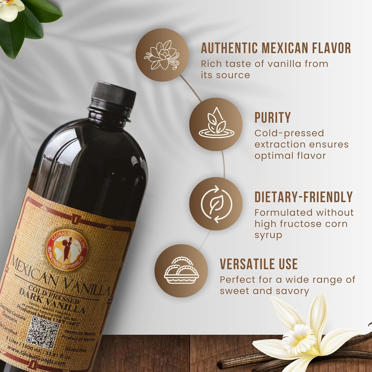 Pure Dark Mexican Vanilla Extract Gluten Free Vanilla for Baking Cakes, Cookies, Desserts, Coffee & Beverages Natural, Bold Flavour 33.81 fl oz bottle