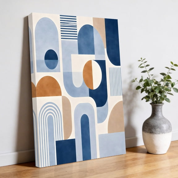 Abstract Blue Beige Canvas Wall Art, Boho Minimalist Arch Line Sun Semi Circle Pictures Wall Decor Wooden Framed Artwork Art Prints for Living Room Hallway Bedroom Office 20"x30"