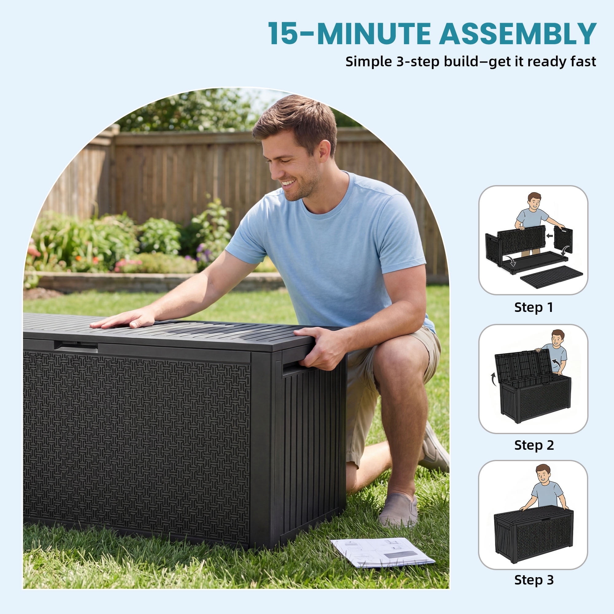 Uforic 90 Gallon Weatherproof Deck Box, UV Resistant Lockable Resin Outdoor Storage Box with Handles, Large Patio Storage Bin for Cushions Garden Tools, Black