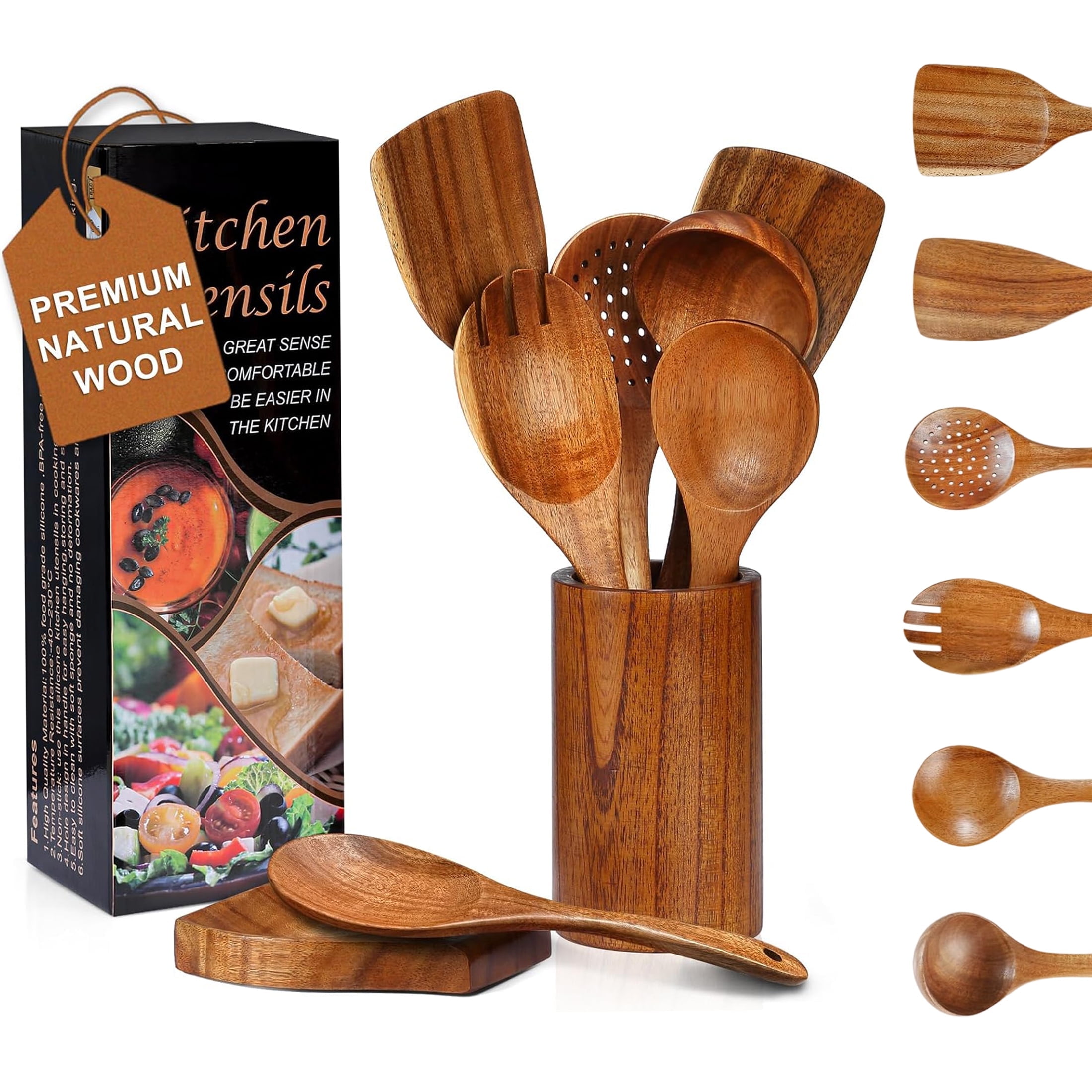 Mirdinner Wooden Spoons for Cooking, 8 Pcs Nonstick Cooking Utensils Set, Comfort Grip Kitchen Utensils Set, Teak Wooden Utensil Set with Holder and Spoon Rest,Kitchen Essentials,Sturdy,Heat Resistan