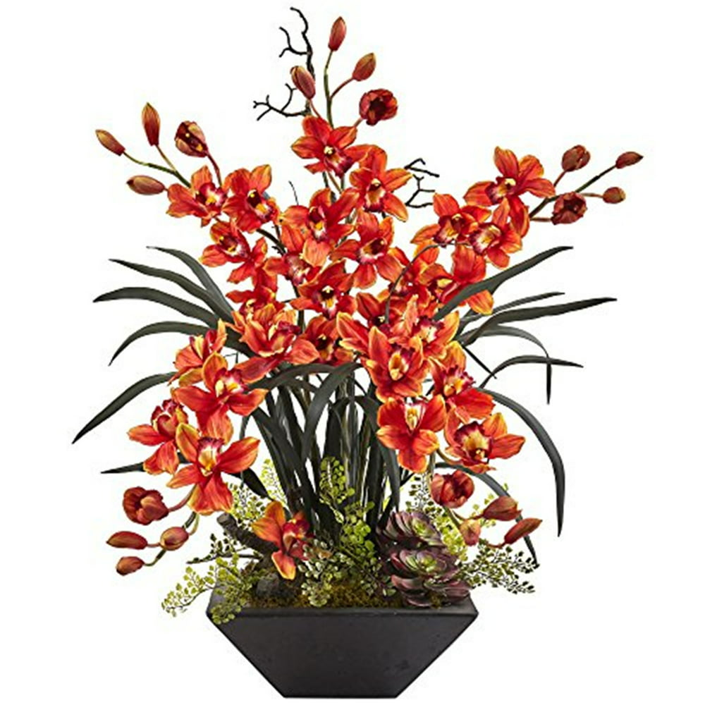 Nearly Natural Cymbidium Orchid Silk Arrangement With Black Vase