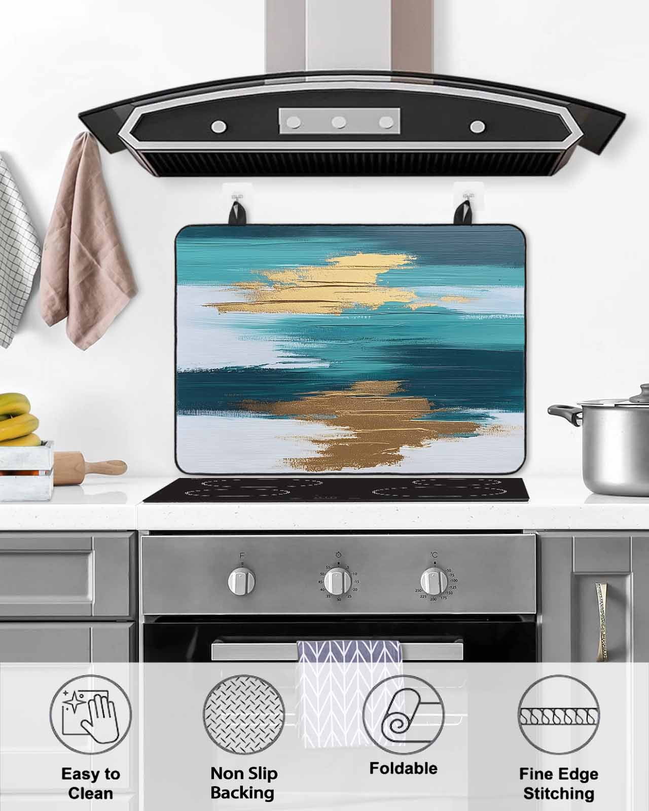nqOlkjepod Large Induction Cooktop Protector Mat 36"x21", Modern Teal Green Stove Top Covers for Electric Stove, Abstract White Gold Oil Painting Stove Burner Cover Mats, Glass Top Stove Cover