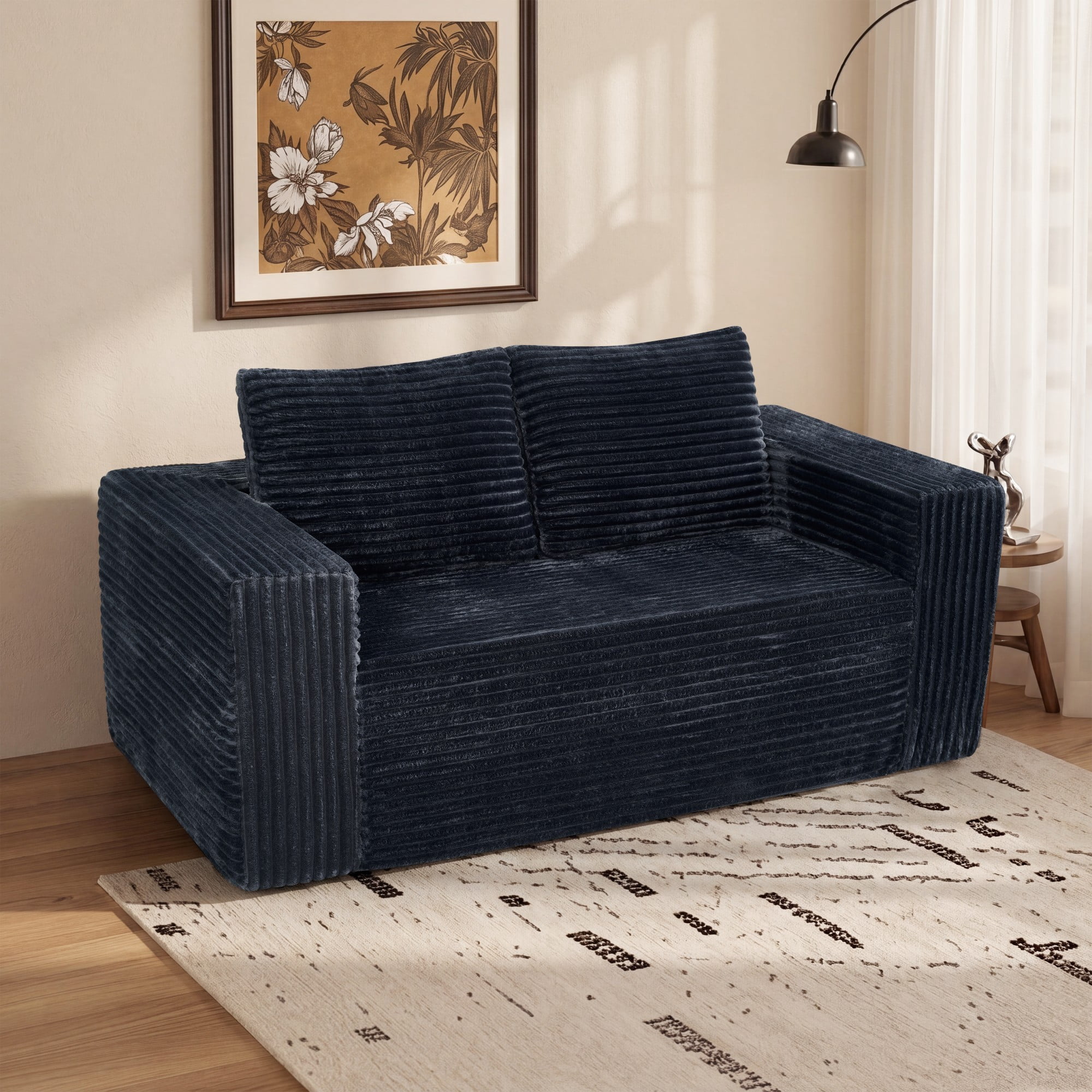 HOQBN 63 Inch Loveseat Sofa,Upholstered Compressed Couch with High-Density Foam Cushion,Corduroy No Frame 2-Seat Loveseat,Comfortable Floor Sofa for Bedroom,Office,Living Room,Small Spaces,Dark Gray