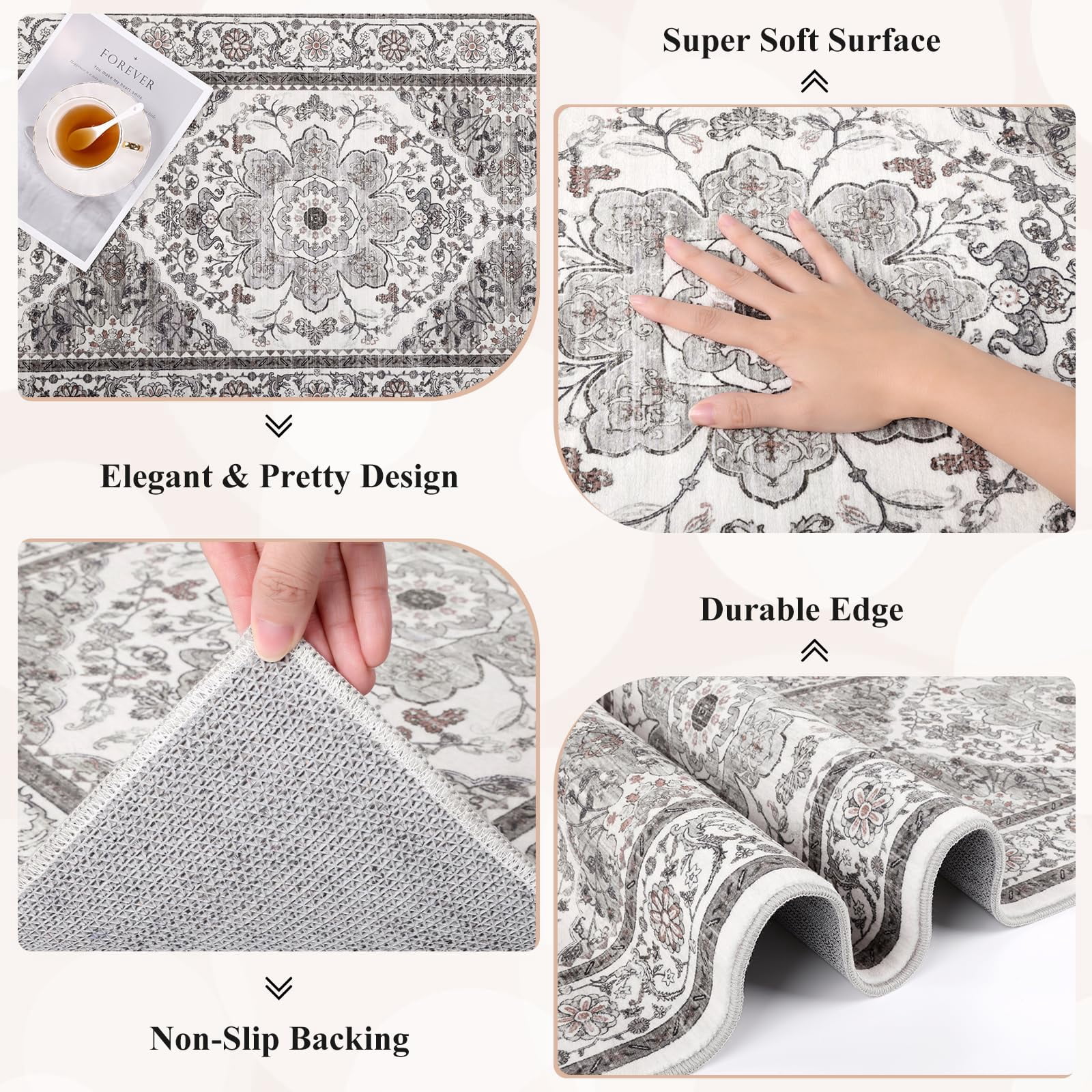 Findosom 2'x10' Runner Rugs for Hallway Machine Washable Runners Rug,Vintage Runner Rug Non Slip Kitchen Runner Rug Medallion Carpet Runner for Bedroom Laundry Entrance,Gray