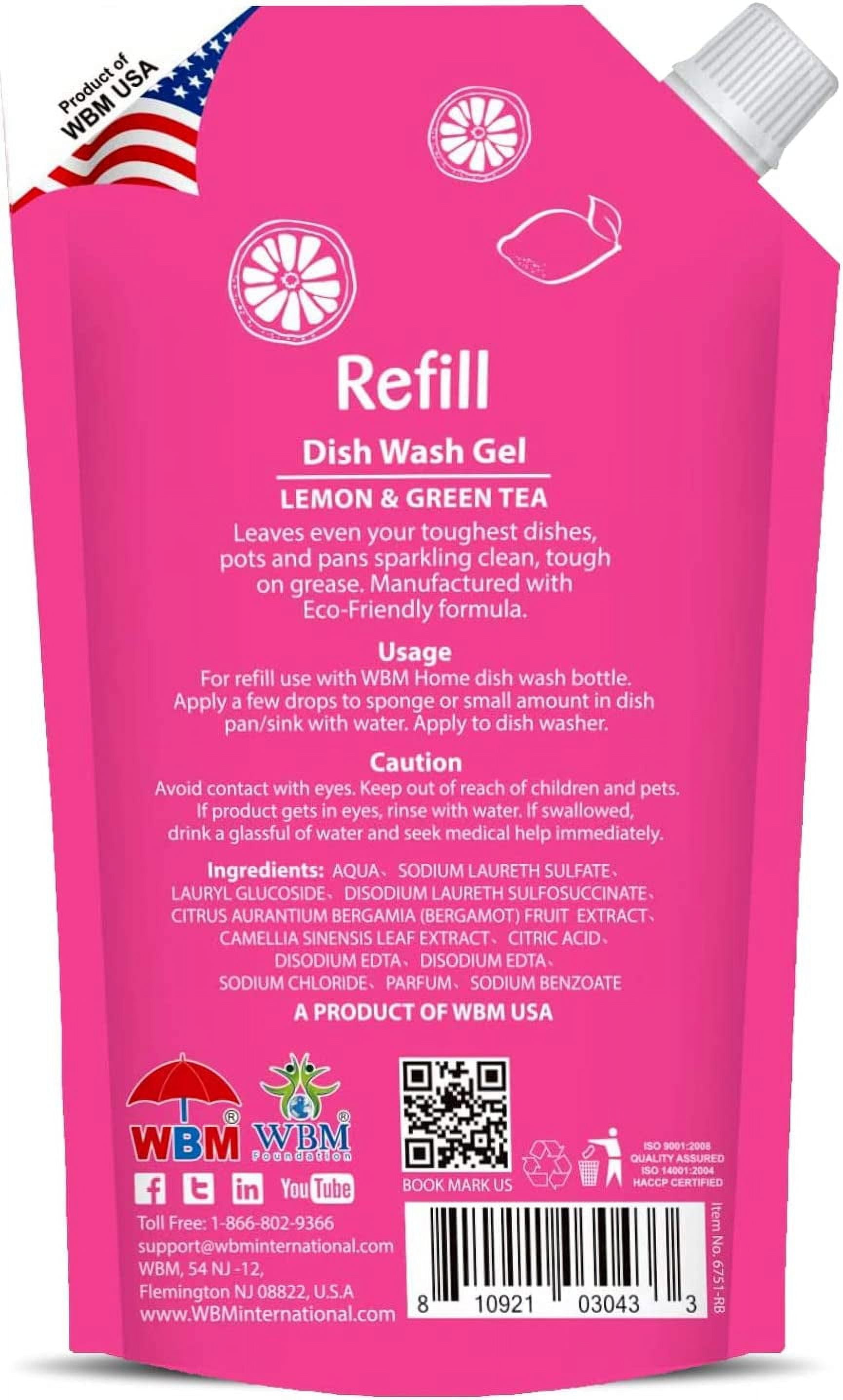 WBM Liquid Dish Soap Refills, Formulated with Lemon & Green Tea Extracts Stain Removal, 400ml/Each, Pack of 3