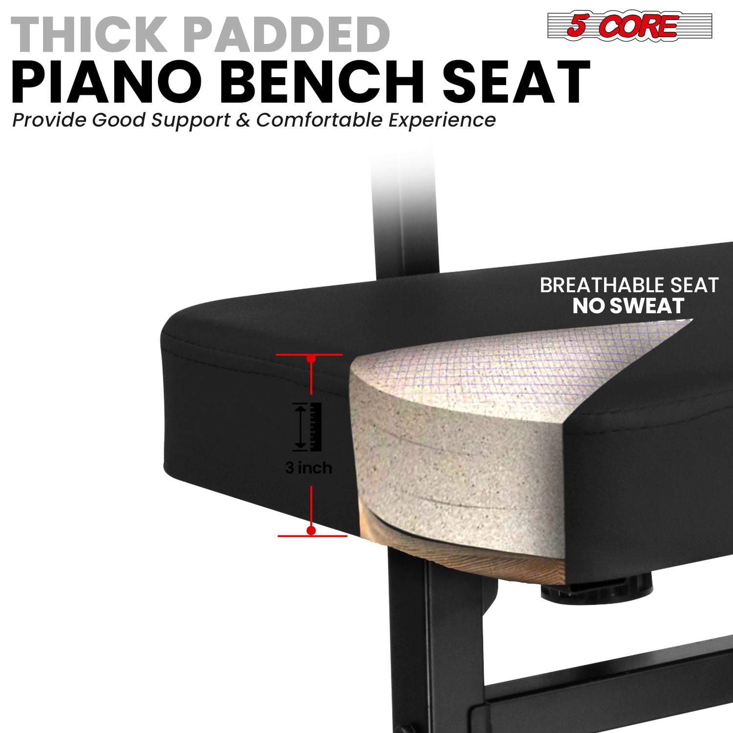 Heavy-Duty Adjustable Piano Bench with Thick Padded Seat & Backrest – 445lb Capacity, Non-Slip Base for Keyboard, Adults & Kids