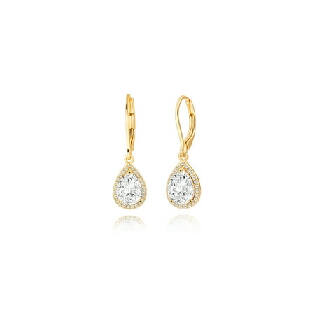 Aobei Pearl Dangle Drop Earrings Teardrop Cubic Zirconia Crystal 18K Gold Plated Leverback Earrings for Women Wedding