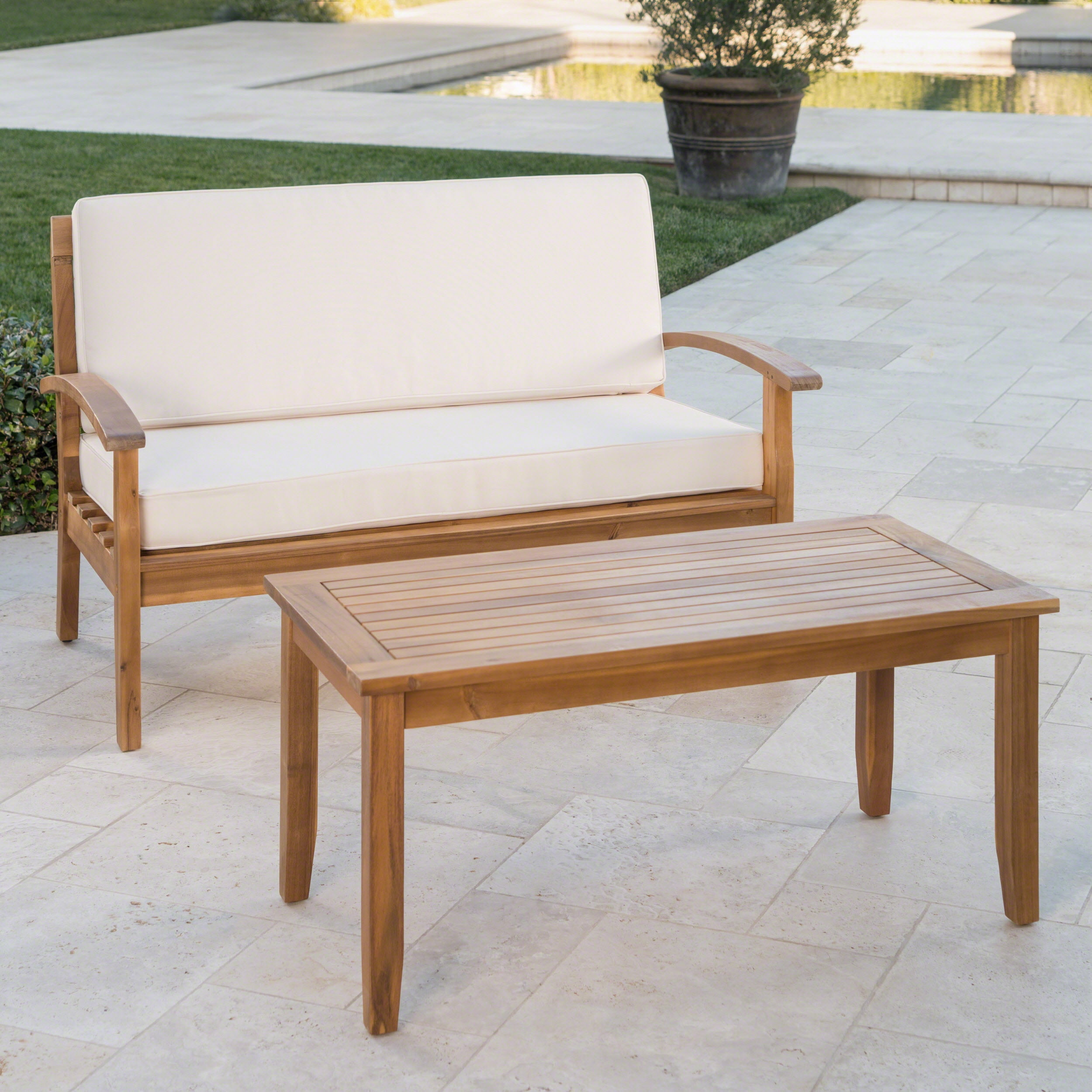 Outdoor Loveseat and Coffee Table Combined Leisure Set, Acacia Wood Frame Furniture for Patio Garden, Beige