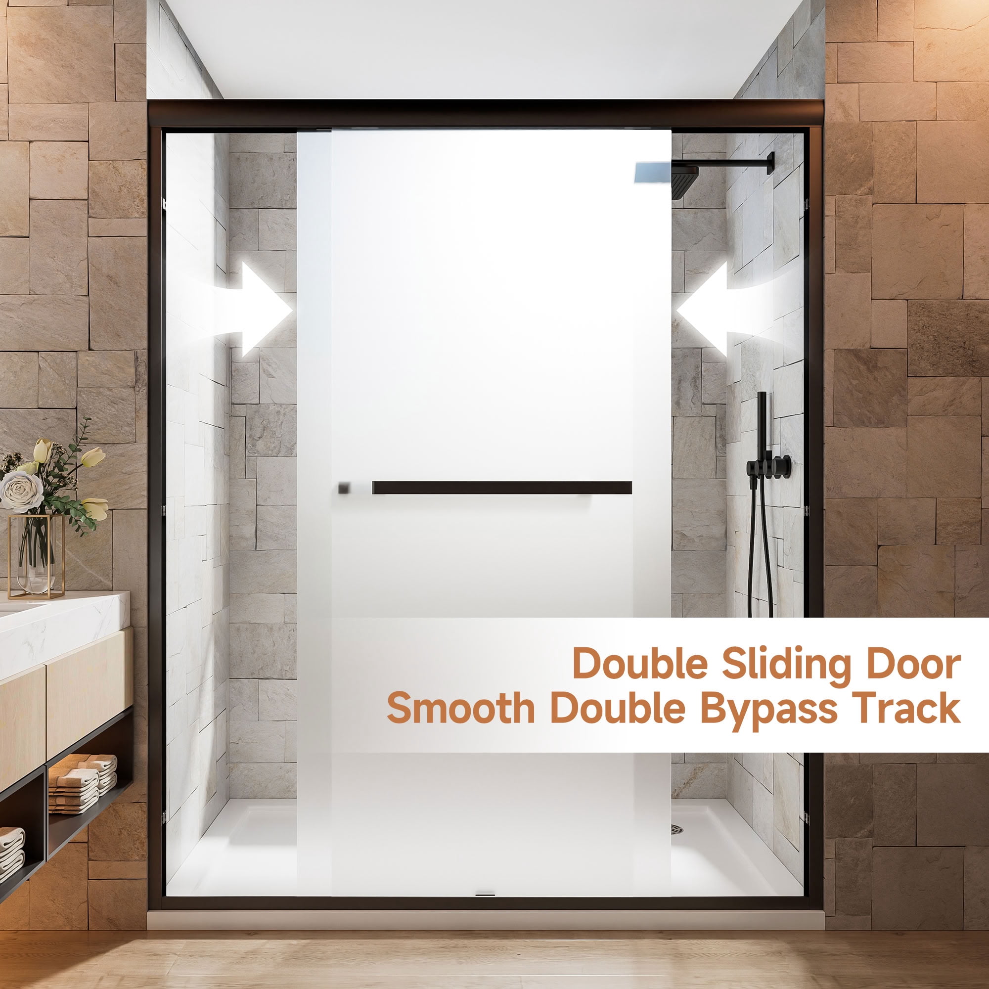MAYEERTY Double Sliding Shower Door, Matte Black Frame, 1/4" Frosted Tempered Glass with Nano Self-Cleaning Coating, Waterproof & Reversible Installation