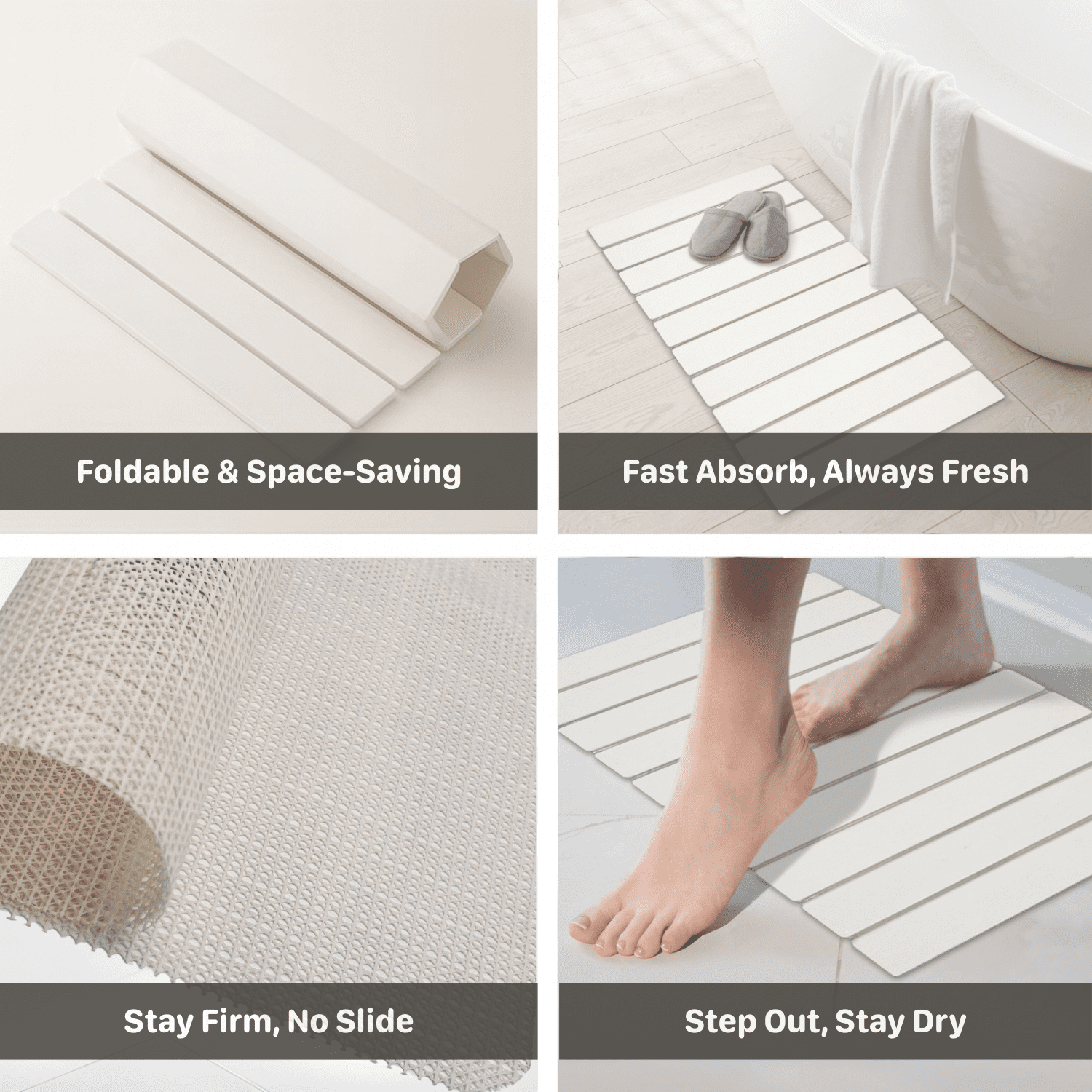 Large Foldable White Diatomaceous Earth Stone Bath Mat 24" x 16" – Quick Dry, Non-Slip, Super Absorbent Shower Mat, Mold & Odor Resistant