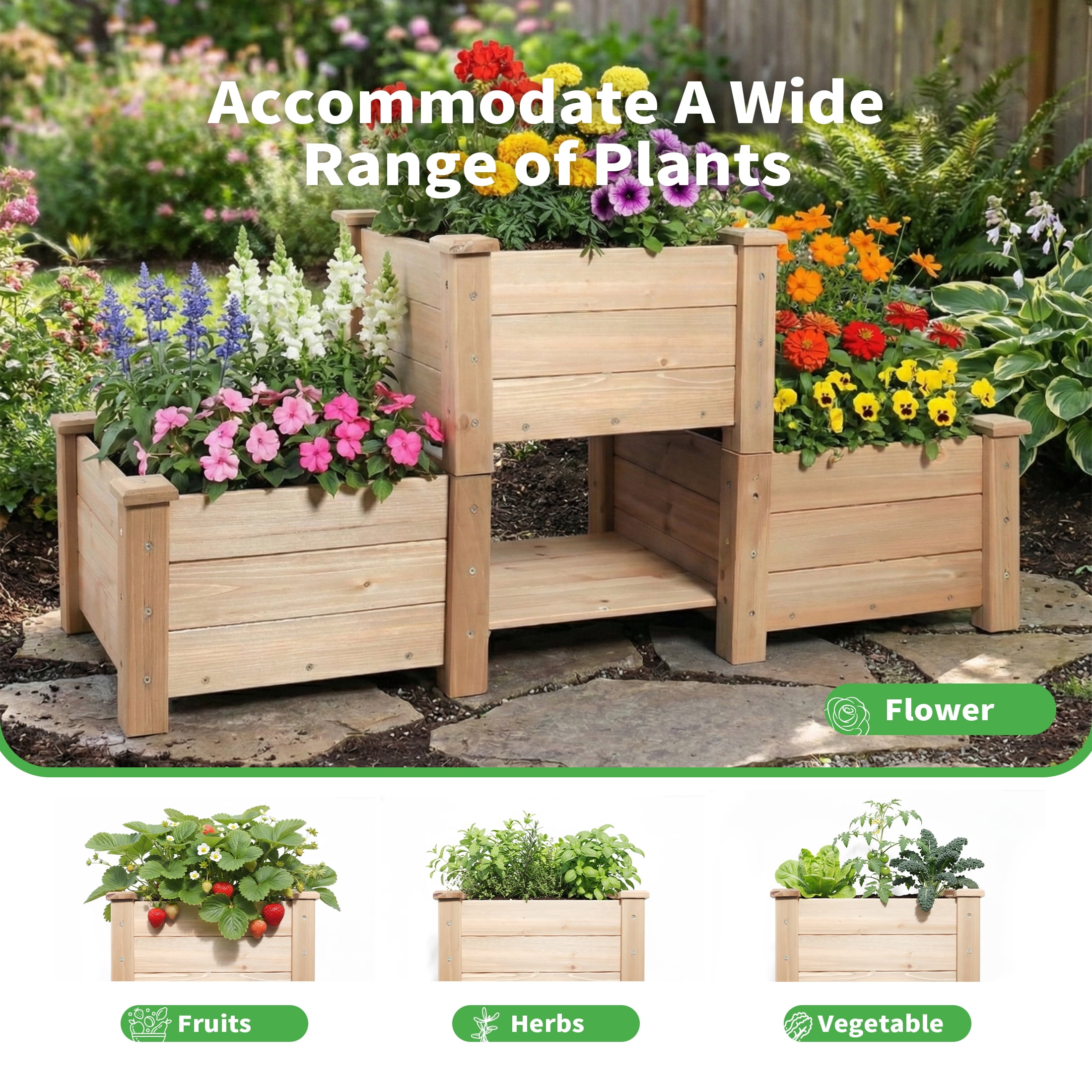 ORFELD 43.8" Solid Wood Garden Bed with 3 Separate Planter Boxes for Flexible Combination, Garden Box for Outdoors, Gardens, Courtyards, and Balconies