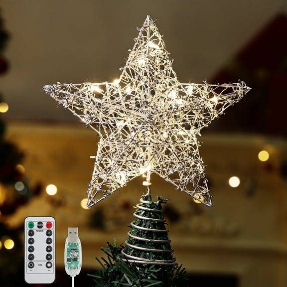 Roylvan Christmas Star Tree Topper with Remote Control, 8 Light Modes , 9.84" Tree Topper Decorative Light, Silver