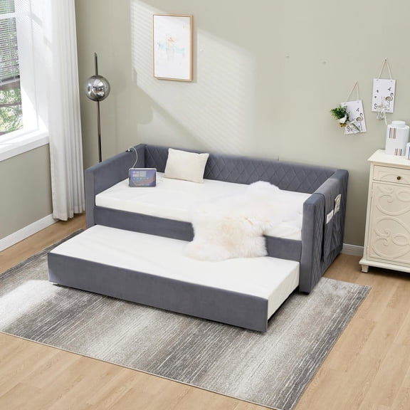 Resenkos Velvet Daybed with Sturdy Wood Frame, Modern Diamond Grid Pull-Out Design for Bedroom Living Room, Gray