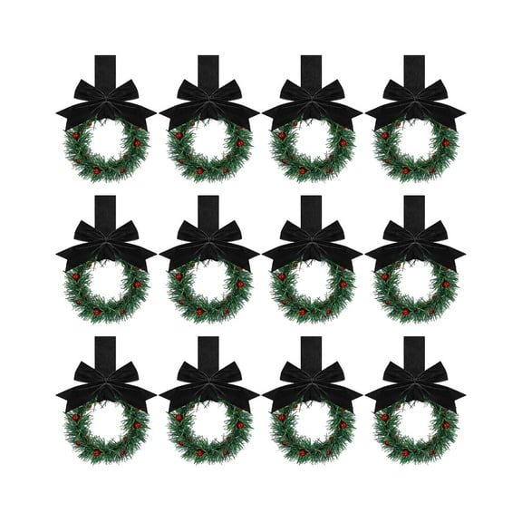 12 PCS Mini Wreaths for Cabinets Christmas Wreath Decorations, Christmas Kitchen Cabinet Wreaths with Berry & Red Velvet Bow Ribbon Mini Xmas Hanging Garlands for Window Door Home Decor