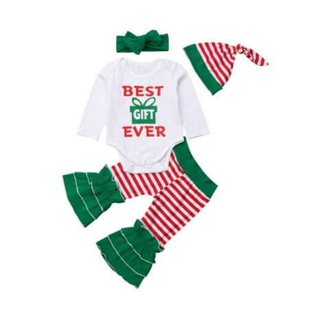 

4Pcs Xmas Baby Girl Romper Ruffle Pants Stripe Hat Bow Headband Set