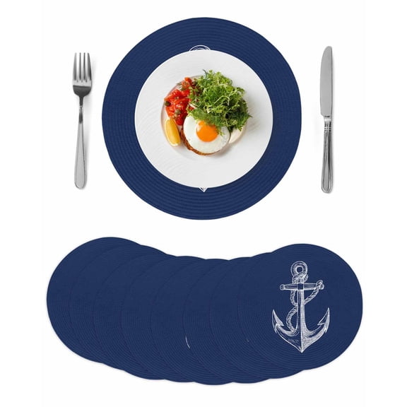 Nautical Anchor Round 13 Inch Placemats Set of 8, Navy Blue Coastal Marine Minimalist Rope HeatResistant Non Slip Place Mats for Dining Table, Wipeable Braided Kitchen Table Mats for Housewarming