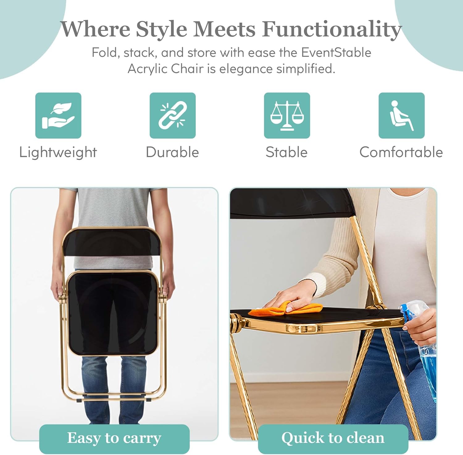 EventStable Clear Acrylic Folding Chair with Electroplate Gold Frame, Lightweight Portable Seating Stackable Comfortable Chair for Indoor Outdoor Dining, Events & Parties - Onyx - 4-Pack
