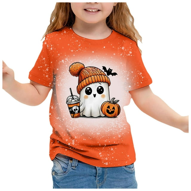 MIASHUI Mignon T-Shirt Décontracté Imprimé pour Filles pour les Célébrations de Halloween Manches Courtes Col Rond pour Usage Quotidien Noir, 10-11 Ans