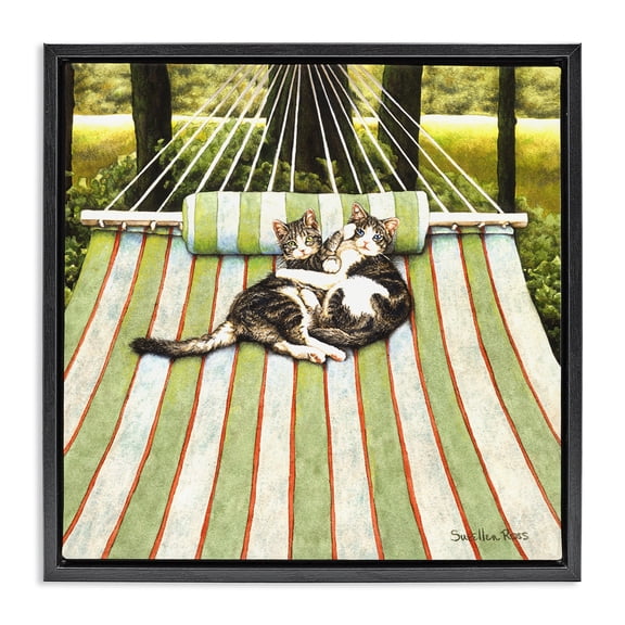 Stupell Industries Playful Kittens on Hammock Animals Painting Black Floater Framed Canvas Art Print Wall Art, 18 x 18