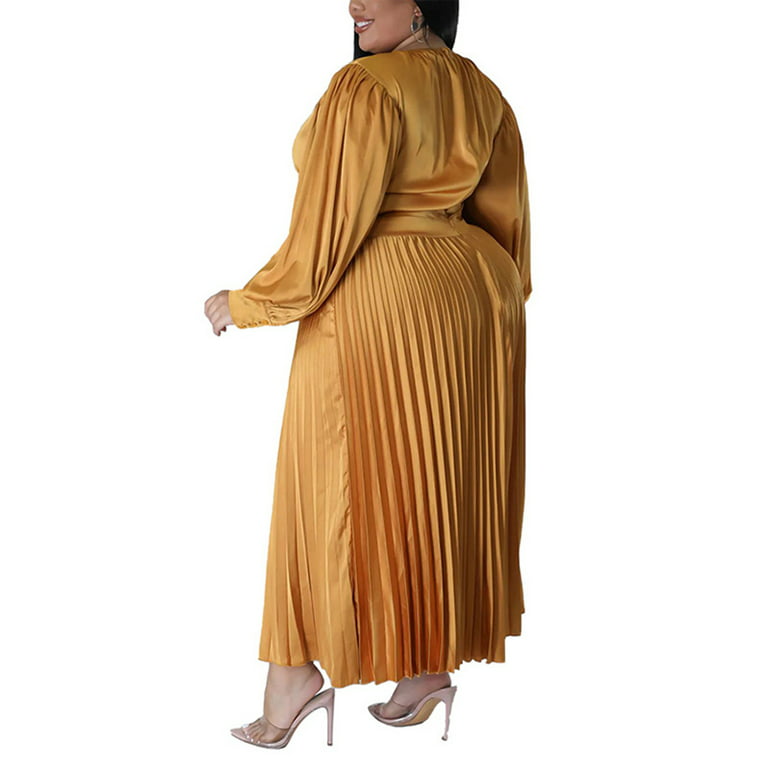 Grianlook Dresses Size Long Sleeve Maxi Dress Oversized Crew Neck Pleated Color Party Dress Gold 3XL Walmart.com