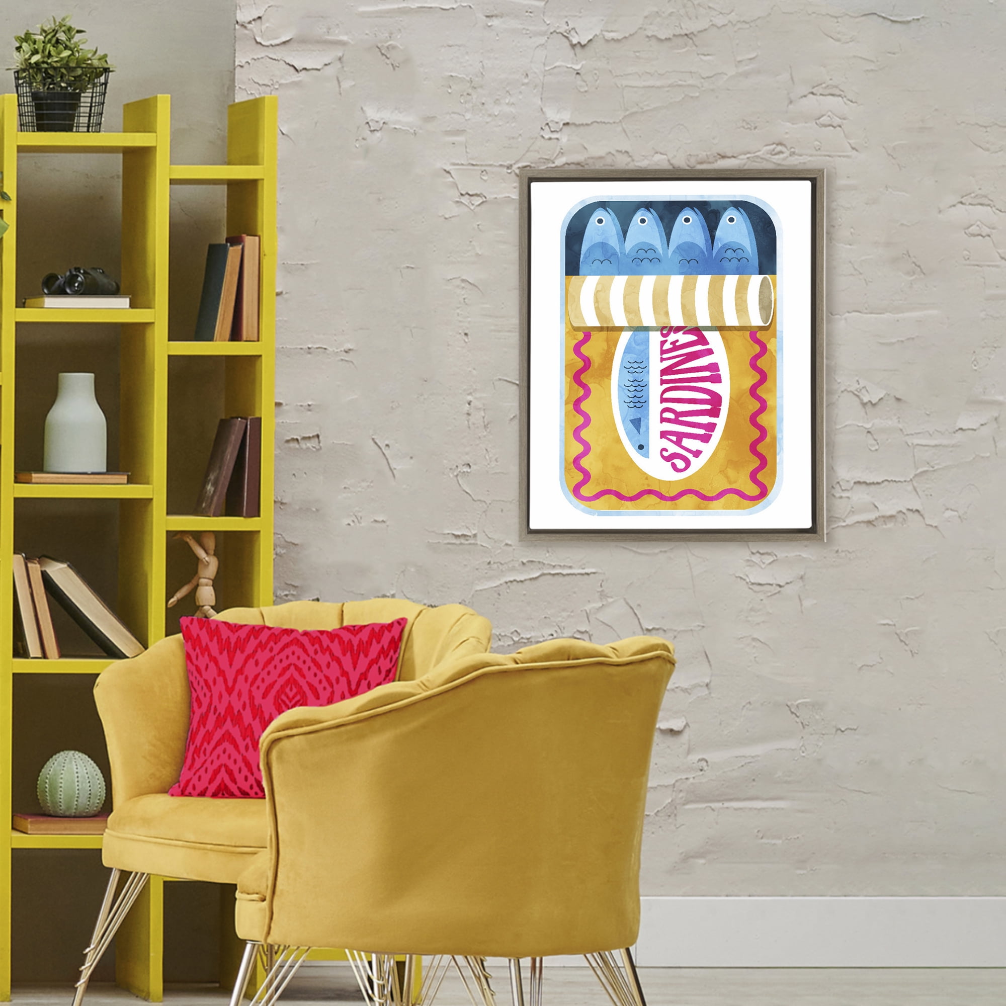 Yellow and Pink Sardine Tin Brown Framed Floater Canvas Wall Art, design by Daphne Polselli
