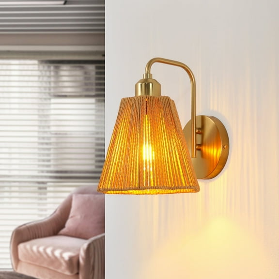 9" Modern Farmhouse Gold Iron Wall Sconce Light with Paper Rope Shade for Bedroom, Hallway, Living Room