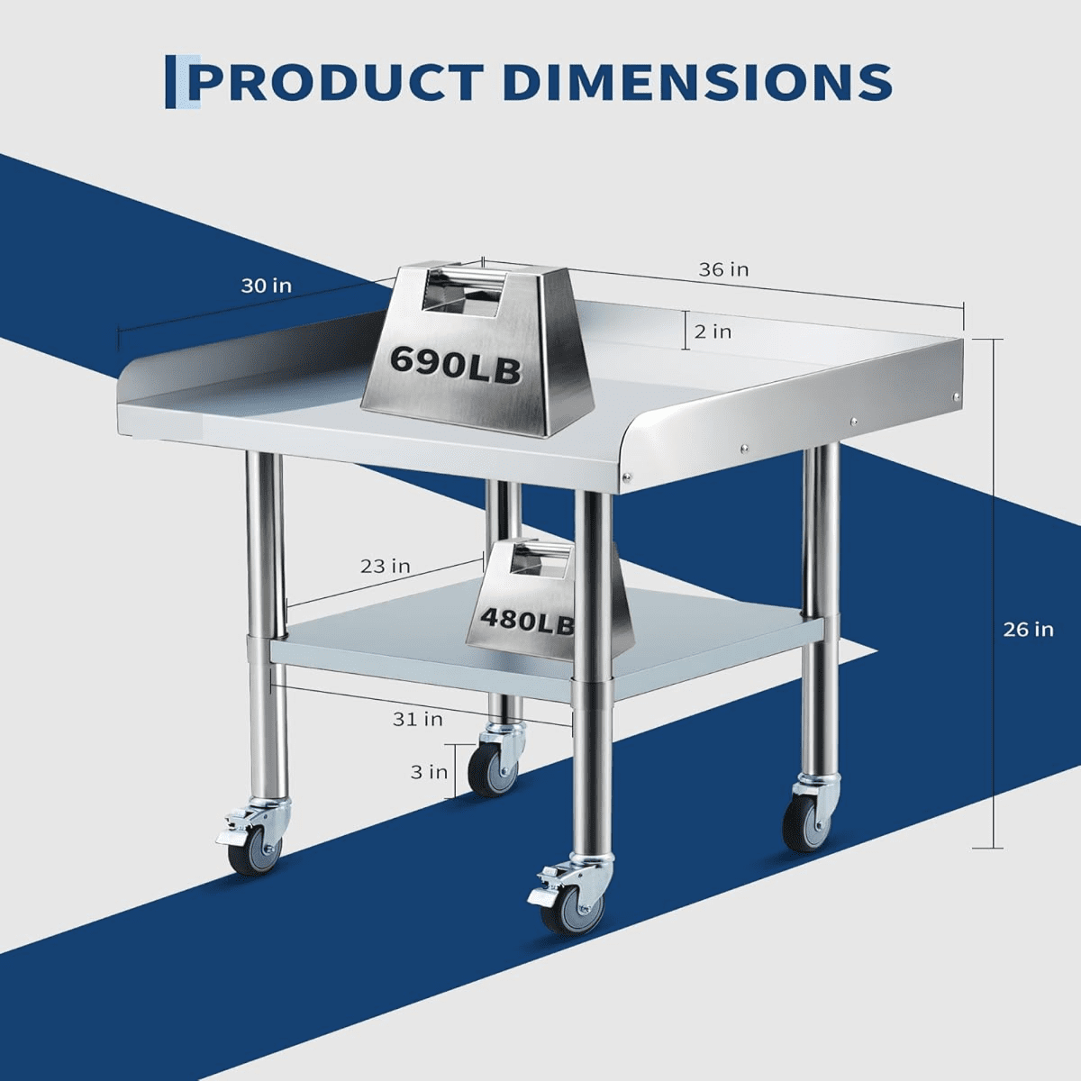 Stainless Steel Work Table,Commercial Food Prep Worktable with  3-Sided Backsplash&Height-Adjustable Shelf,Heavy Duty Portable Prep Worktable with 4 Wheels for Restaurant Home Hotel
