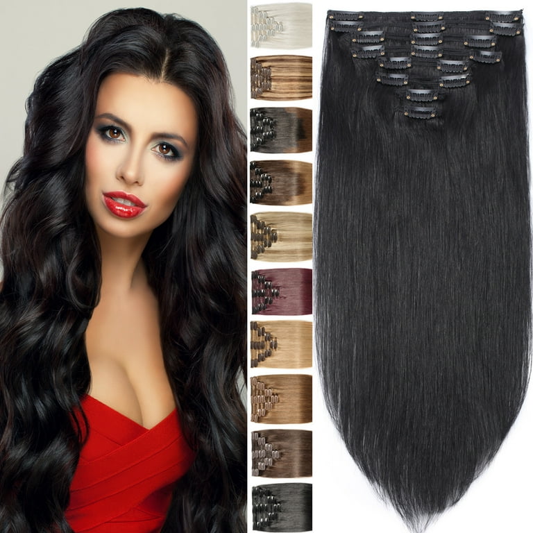 Human hair extensions top clip in thick