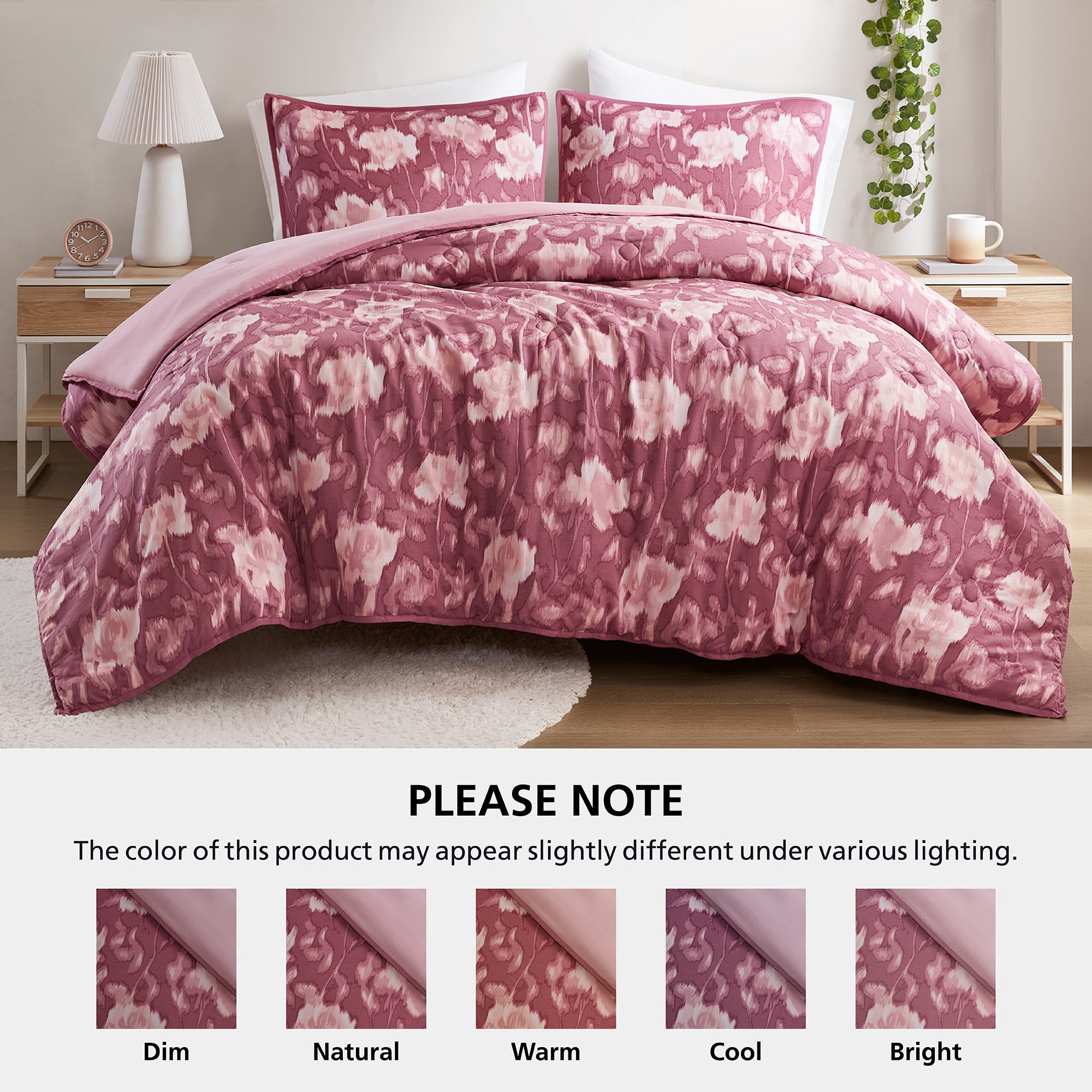 Mainstays Blurred Rose 3-Piece Pink Comforter Set, Full/Queen