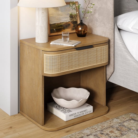 Nathan James Keith Farmhouse Bedside Table, Modern Coastal Nightstand, Rattan Nightstand with 1 Drawer for Bedroom, Light Brown