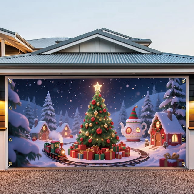Cubierta para Puerta de Garaje Vrainito 7x16 pies Aldea del Árbol de Navidad