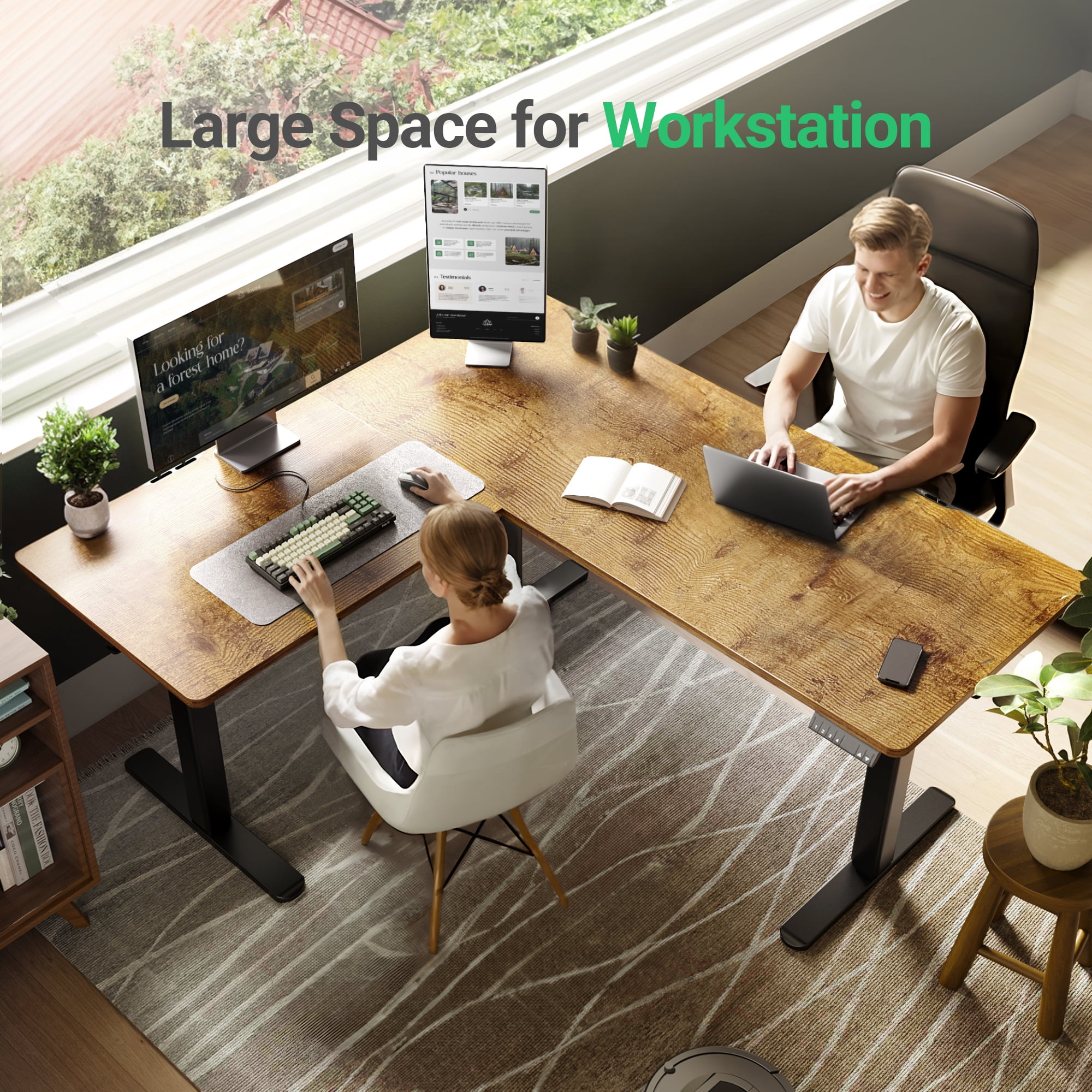 INNOVAR L Shaped Standing Desk Adjustable Height, Dual Motor Electric Corner Standing Desk, 63x55 inch Sit Stand up Desk Table with Splice Board, Rustic Brown