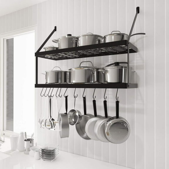 Pot Rack Wall Mounted, Pots and Pans Hanging 2 Tier 30-Inch for Kitchen Hanging Pan Rack Organizer with 12 S-Hooks Heavy-Duty Matte Black, KUR218S75B-BK