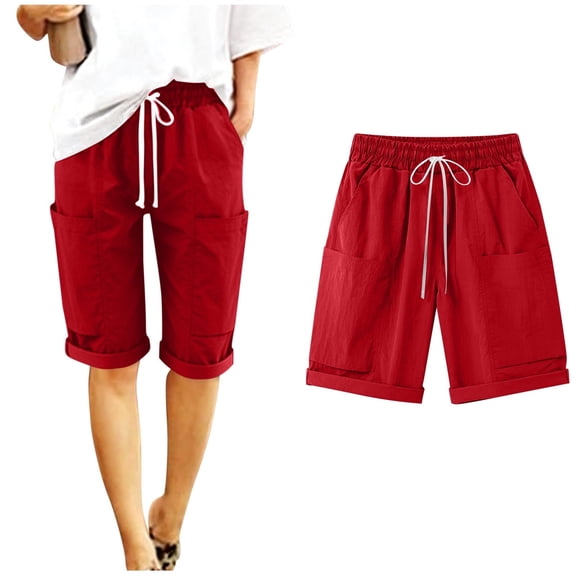 Ladies Drawstring Cargo Capris Pants Rolled Cuff Casual Summer Travel Hiking Shorts with Pockets Red XL