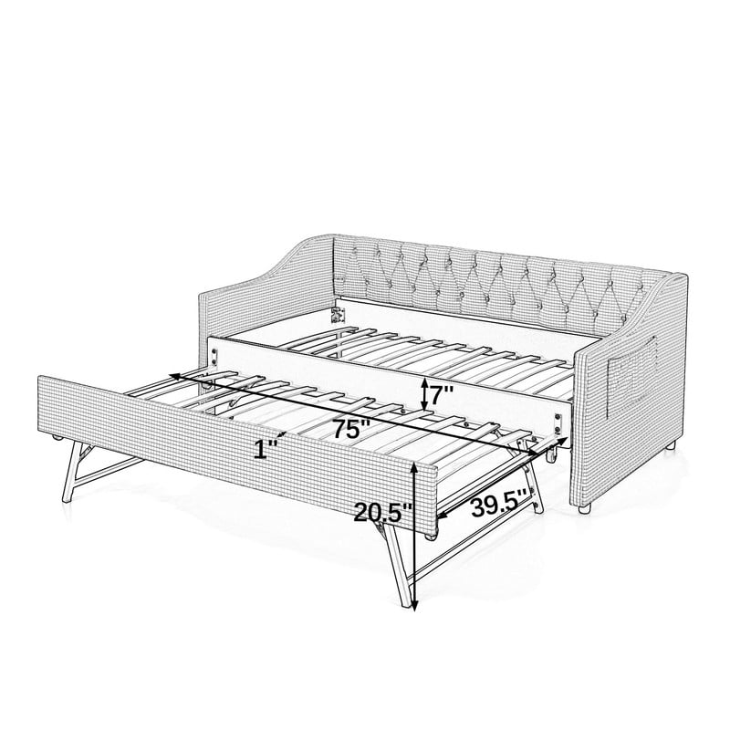 Twin Size Daybed with Pop Up Trundle, Gingham Upholstered Daybed Frame with Tufted Button Backrest and Side Storage Pocket, Modern Sofa Bed for Living Room Bedroom